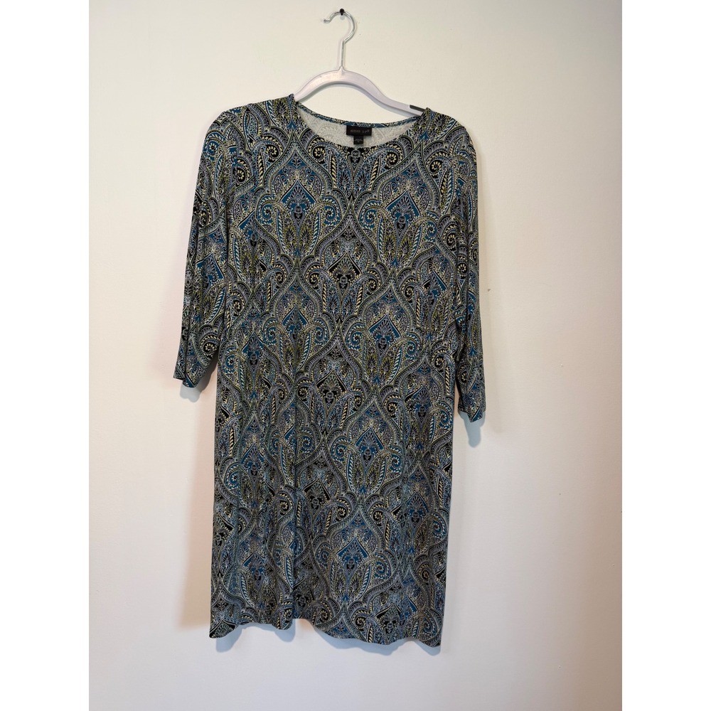 J. Jill Wearever Paisley Print Dress Blue Green Black Stretch Knit Medium